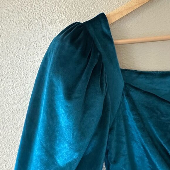NWT Krisa Wrap Front Sweetheart Mini Dress Puff Sleeves Velvet Teal Size XS - Picture 4 of 7